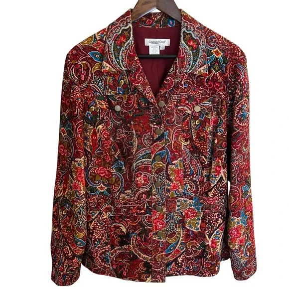 Coldwater Creek Paisley Print Corduroy Blazer Jacket Burgundy Blue Multi Size L - Picture 5 of 9